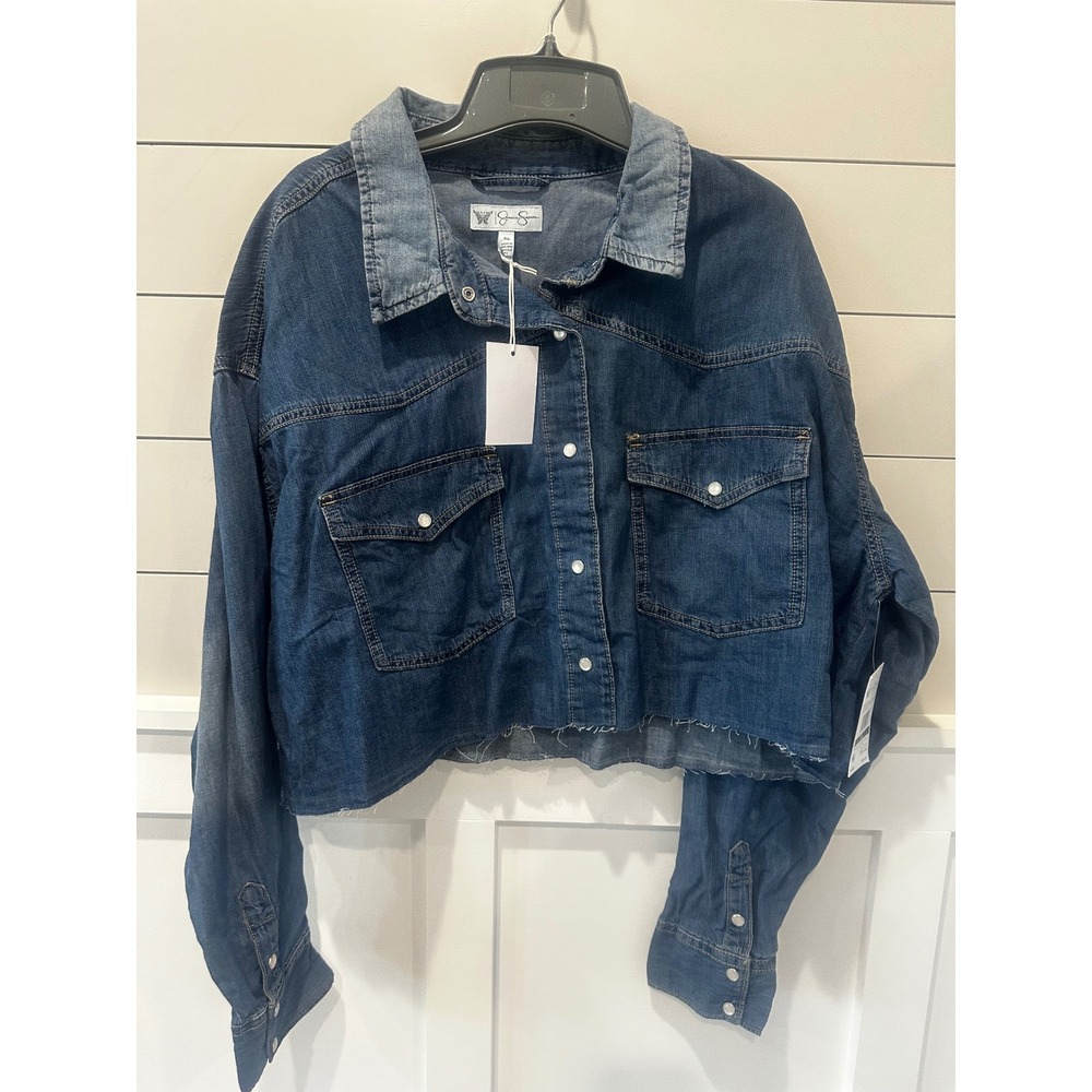 Jessica Simpson XL Crop Western Denim Shirt Medium Wash Raw Hem Snap Front
